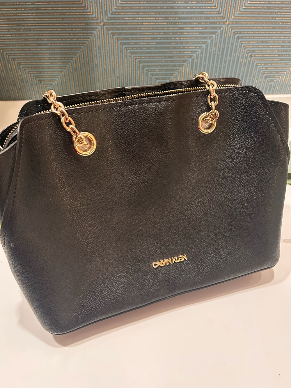 Calvin Klein Black Leather Shoulder Tote with Gold Chain Straps